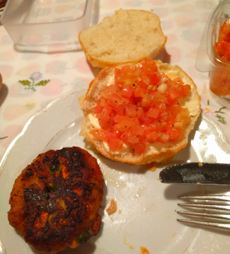 Dinner: cheesey bread with [colourless!] bruschetta and vegetarian fried thing. Pretty good, picture doesn't do justice! 37/365